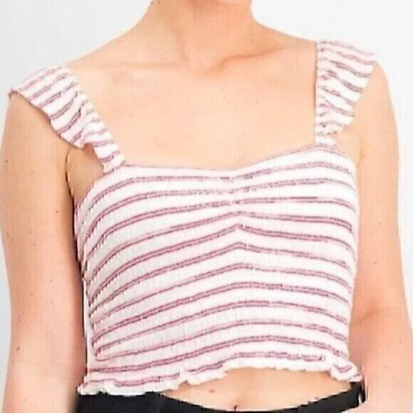 WILD FABLE Cream Ivory Red Striped Smocked Ruffle Strap Cropped Crop Top Tank - Picture 1 of 10